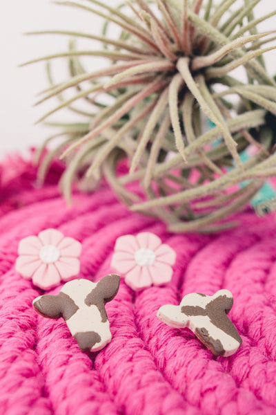 Moo Cow and Flower Stud Earrings in Pink - Millie Maes